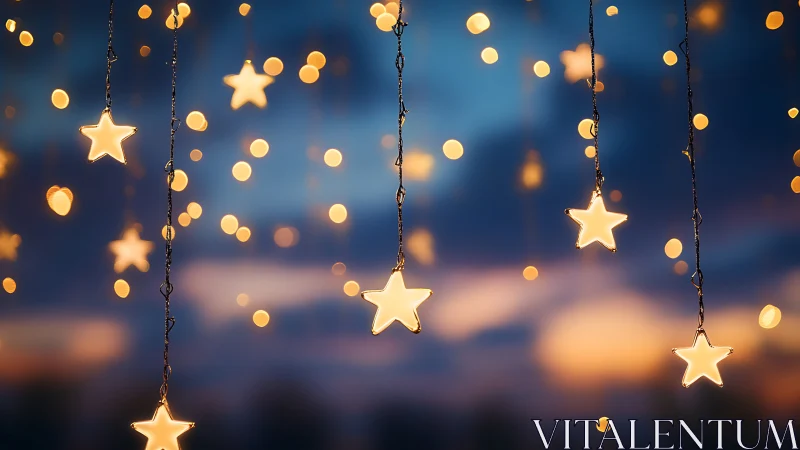 Star-shaped string lights hang against blurred evening sky