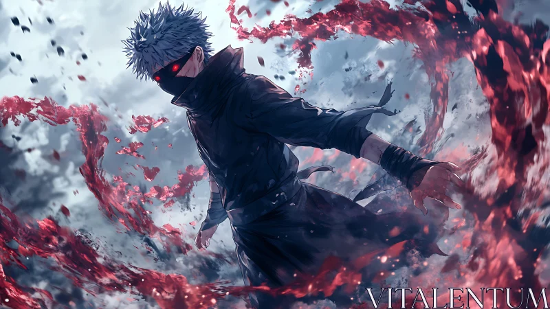 Masked figure in dark clothing manipulates red swirling energy