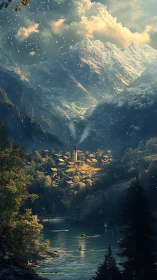 Snowlit alpine village recedes beneath monumental mountain range