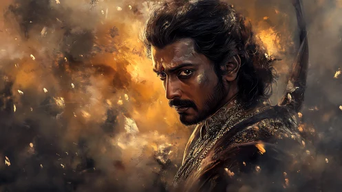 Warrior prince in molten amber smoke, intense chiaroscuro gaze.