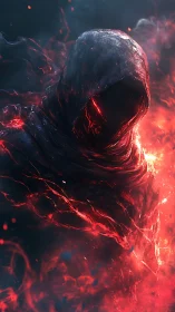 Digital painting of hooded infernal wraith in eruptive embers.