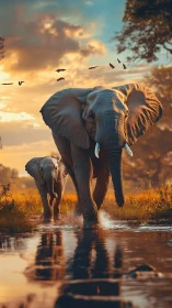 Golden riverwalk crowns an elephant matriarch’s gentle march