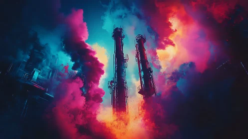 Industrial refinery stacks in neon chromatic vapor storm.