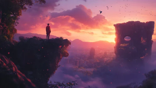 Solitary observer above neon dusk city and cubic monolith