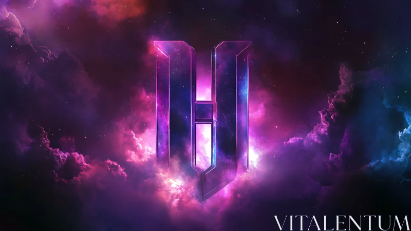 Neon monolithic letterform in cosmic nebula composition.