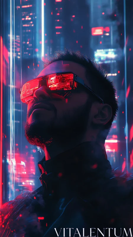 Neon dreamer rises beneath glitch-lit cyber city skies.