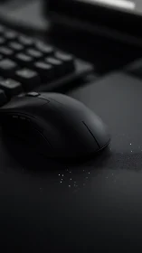 Sleek black computer mouse resting on a quiet deskscape.