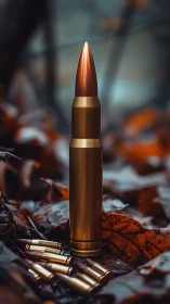 Single rifle cartridge upright among scattered rounds outdoors.