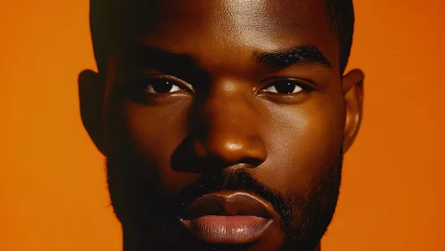 Sunlit stare against molten orange portrait backdrop.