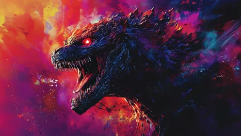 Roaring neon kaiju head amid blazing cosmic stormscape.