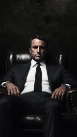 Confident businessman in dark suit seated in leather chair.