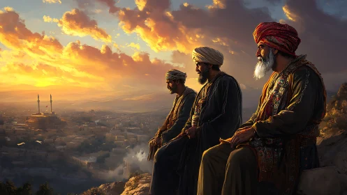 Sunlit council of elders overlooking ancient desert city.