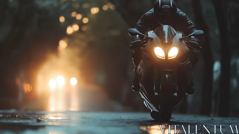 Night rider gliding through rainlit city streets.