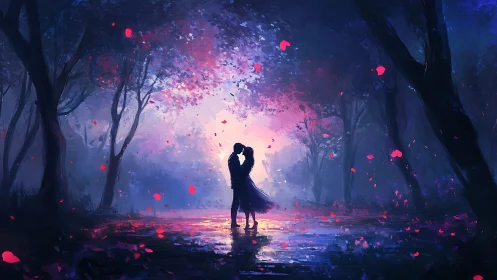 Two figures embrace in illuminated forest clearing.