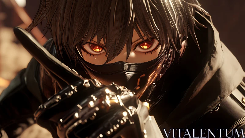 Masked ember-eyed rogue points through molten dusk shadows.