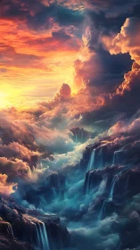 Celestial waterfalls pour through a sky forged in fire.