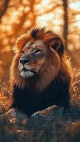 Sunlit monarch lion resting in molten amber meadow.