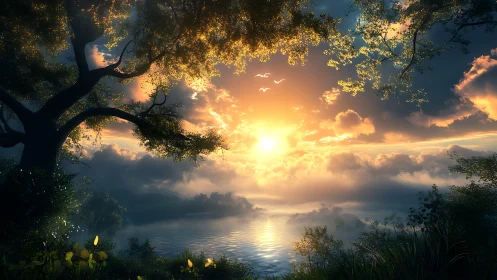 Golden sunrise over a quiet dreamlike riverside grove.