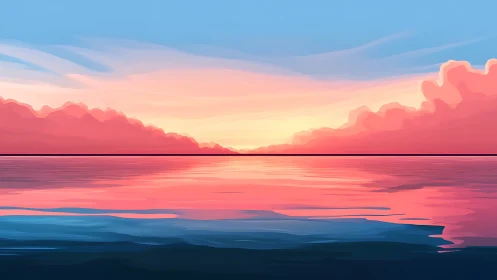 Sunset horizon over calm ocean with stylized clouds.
