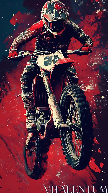 Motocross rider launches through explosive red abstract spray.
