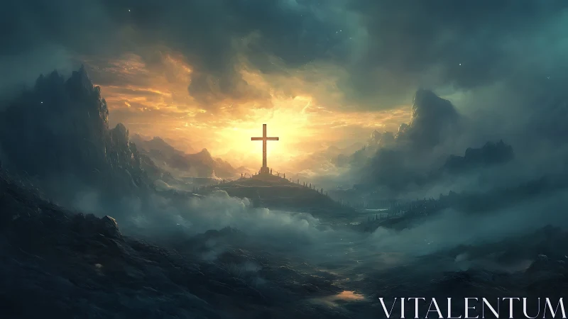Cross on distant hill under dramatic glowing sky.