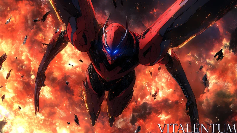 Hostile red mecha descends through burning orbital debris field