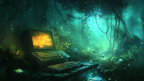 Retro terminal glows within luminescent overgrown jungle