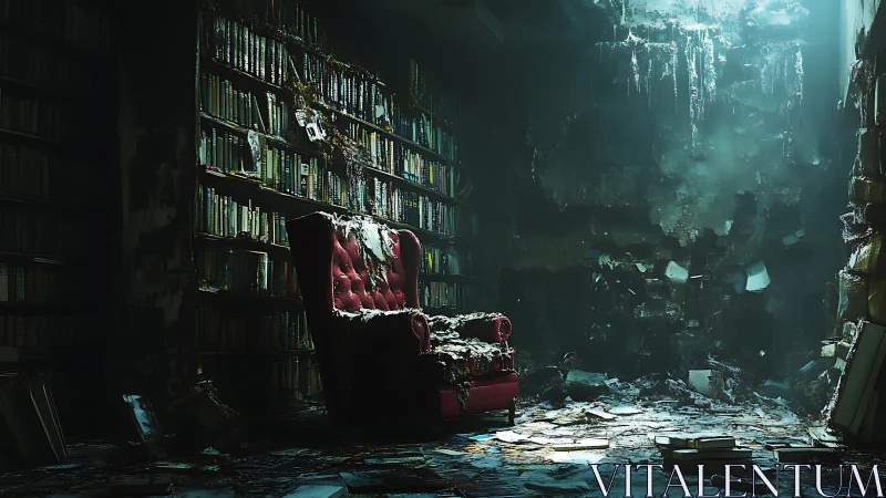 Decayed library interior with red armchair under cold skylight