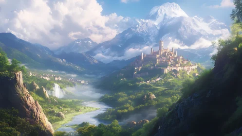 Mountain valley city sits above river amid mist and sunlight