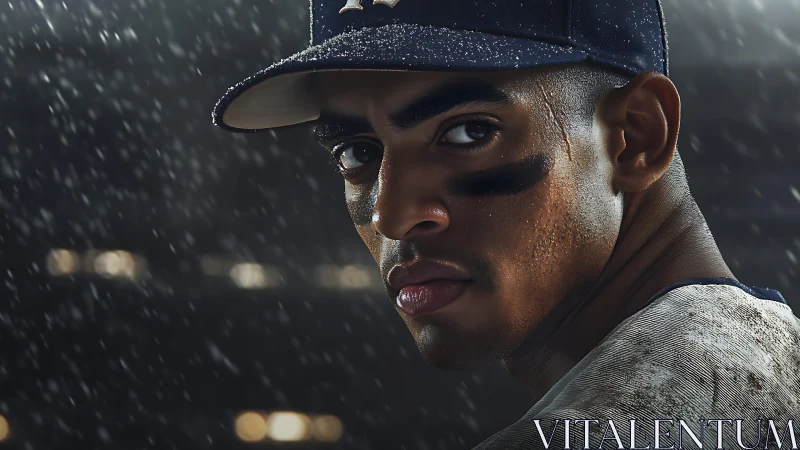 Baseball player portrait under stadium rain at night