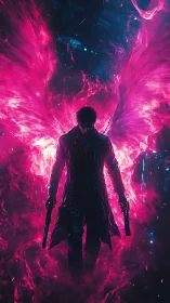 Neon winged gunfighter strides through blazing cyber void.