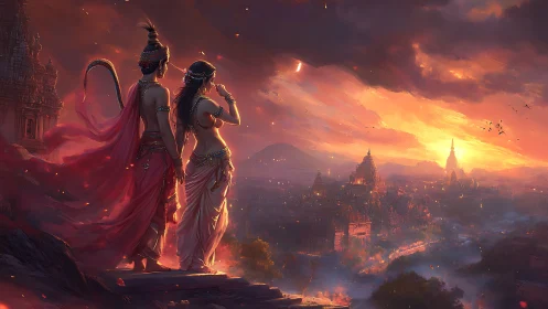 Divine figures overlook luminous temple city at dusk.