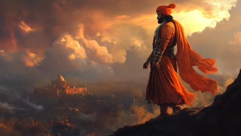 Warrior in orange robes overlooking distant palace at dusk.