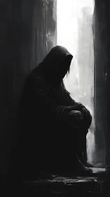Hooded figure seated in high-contrast vertical passageway.