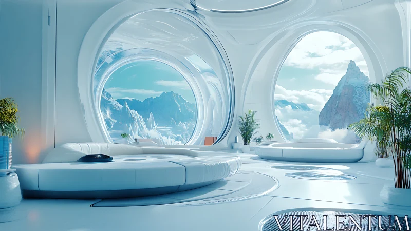 Futuristic Alpine Interior with Panoramic Mountain Vistas Through Curved Windows