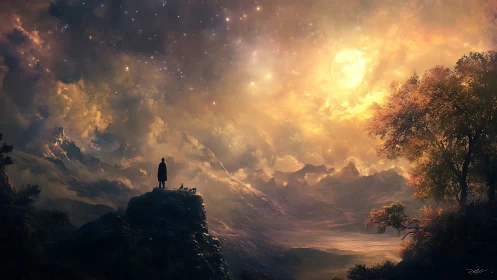 Lone figure studies cosmic sunrise above misty peaks.