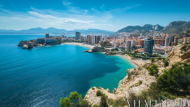 Coastal city skyline curves around bright turquoise bay