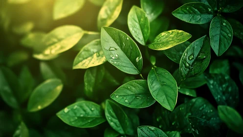 Morning rain jewels on luminous green garden leaves.
