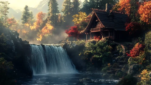 Autumn waterfall refuge cradles a hidden storybook cabin.