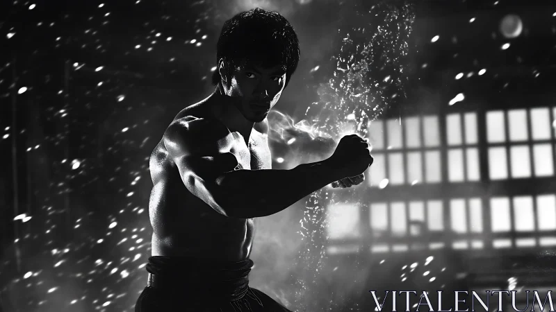 Monochrome martial artist punching through water spray impact