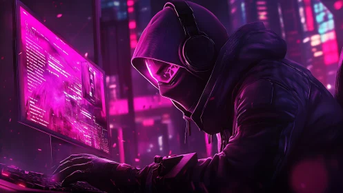 Hooded figure types at neon computer in dark cyber setting