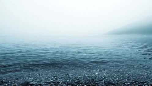 Foggy pebble shoreline with calm cyan lake surface, widescreen