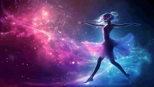 Ballerina dancing through glowing cosmic light clouds.