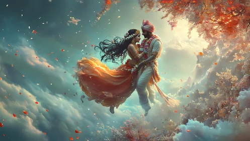Ethereal Romance in Flight: Digital Fantasy Couple Among Flowering Clouds.