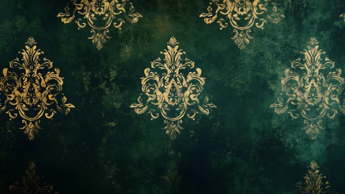 Ornate gold damask motifs on distressed emerald ground.