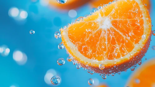 Vivid orange slice splashing in crisp blue water droplets.