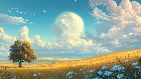 Expansive golden meadow under colossal pale moonlit sky