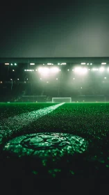 Rainy night football pitch glowing under stadium lights.