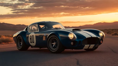 Vintage race coupe is parked on an empty desert highway