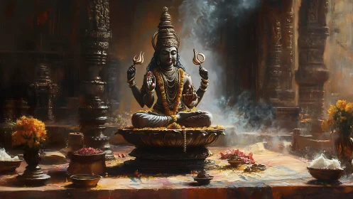 Serene temple deity crowned in incense, gold, and quiet fire.
